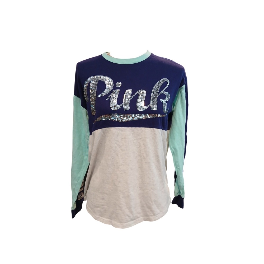 Victoria's Secret PINK Sequin Logo Colorblock Long Sleeve Shirt Navy Mint XS